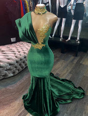 Evening Dress Sleeves, Emerald Green Evening Dresses High Neck Appliques Gold Lace Mermaid Prom Dresses Sexy Formal Velvet Party Gowns