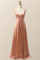 Elegant Gown, Empire Blush Silk A-line Long Bridesmaid Dress with Slit