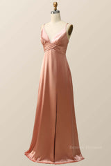 Flowy Prom Dress, Empire Blush Silk A-line Long Bridesmaid Dress with Slit