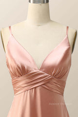 Elegant Dress For Women, Empire Blush Silk A-line Long Bridesmaid Dress with Slit