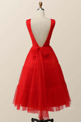 Bridesmaids Dresses Colors, Empire Red Tulle A-line Midi Dress
