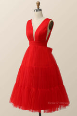 Bridesmaids Dresses Color, Empire Red Tulle A-line Midi Dress