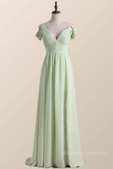 Formal Dress Lace, Empire Sage Green Chiffon Pleated V Neck Bridesmaid Dress