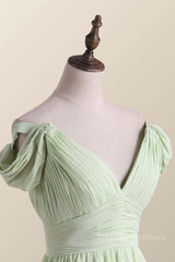 Formal Dress Ballgown, Empire Sage Green Chiffon Pleated V Neck Bridesmaid Dress