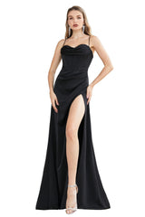 Evening Dresses Boutique, High Slit Spaghetti Satin Ruched Prom Dress