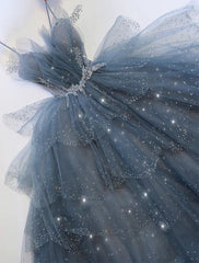 Prom Dresses Tight, Gorgeous Blue Sparkly Tulle Beaded Prom Dress, Tiered Formal Gown with Rhinestone