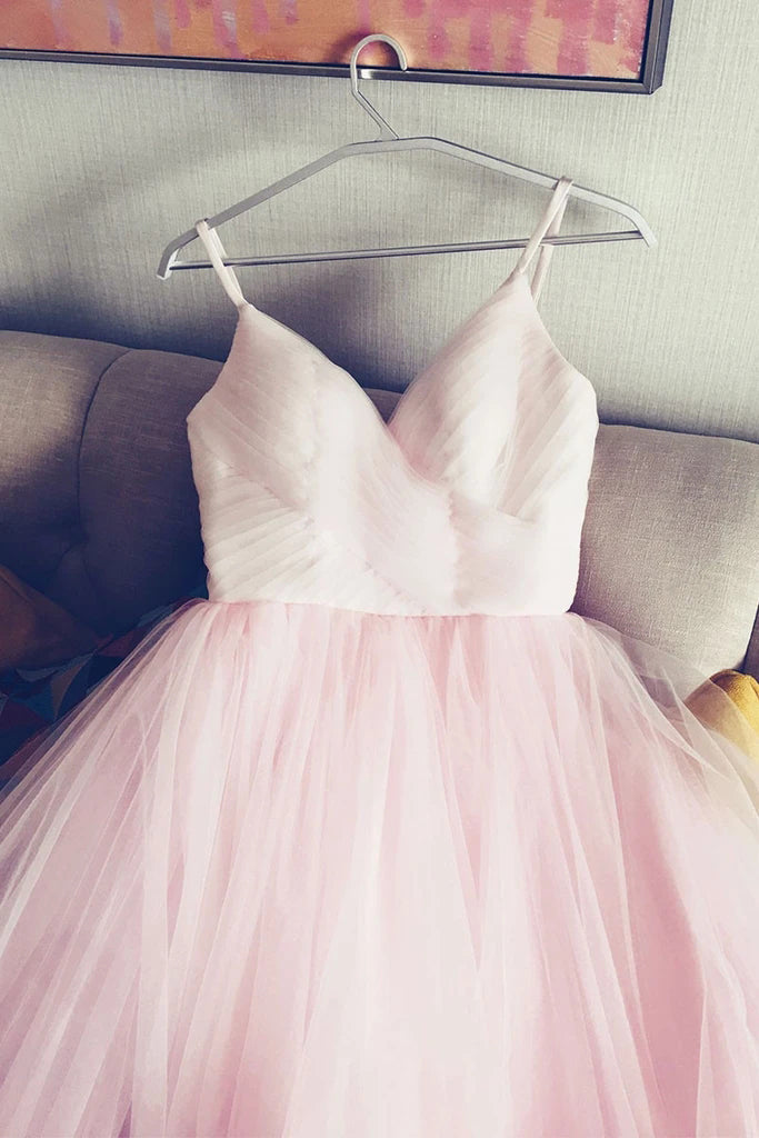 Princess Dress, Light Pink Spaghetti Straps Tulle Long Prom Formal Dress, Puffy Party Dress