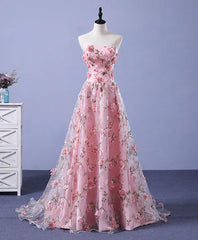 Gold Dress, Pink Tulle 3D Flowers Long Prom Dress, Pink Evening Dress