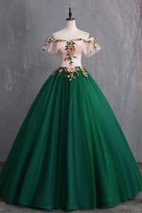 Prom Dresses Dark Blue, Green Off the Shoulder Floor Length Prom Dress with Appliques, Puffy Quinceanera Dress