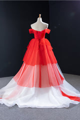 Pretty Dress, Red and White off the Shoulder Tired Prom Dress, Puffy Formal Party Dresses