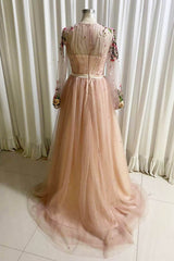 Prom Dresses Light Blue Long, A Line Tulle Long Prom Dress with Flowers, Pink Long Sleeves Party Dress with Beading