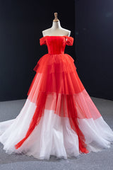 Prom Theme, Red and White off the Shoulder Tired Prom Dress, Puffy Formal Party Dresses