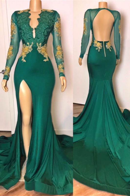 Bridesmaide Dress Colors, open back sexy side slit green prom dresses long sleeves