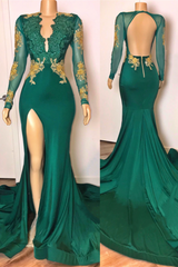 Bridesmaide Dress Colors, open back sexy side slit green prom dresses long sleeves