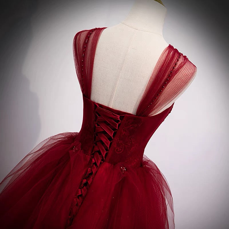 Dark Red Dress, Fairytale Tulle Burgundy Sweet 16th Dress Ball Gown for Prom,Princess Formal Dresses