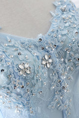 Night Club Outfit, Fashion Sweetheart Long Tulle Sky Blue Prom Party Gowns with Sequins