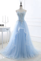 Silk Prom Dress, Fashion Sweetheart Long Tulle Sky Blue Prom Party Gowns with Sequins