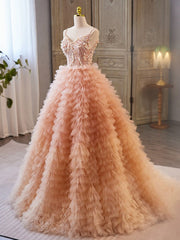 Bridesmaid Dress Fall Wedding, Unique V Neck Tulle Sequin Orange Pink Long Prom Dress, Orange Pink Sweet 16 Dress