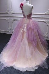 Silk Dress, Puffy One Shoulder Sleeveless Tulle Prom Dress with Flowers, Ruffles Quinceanera Dress