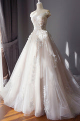 Wedding Dresses Budget, Ball Gown Off Shoulder Sleeveless Sweetheart Appliques Beading Tulle Wedding Dresses