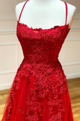 Red Long Prom Dresses Chic & Modern Lace Applique Straps Formal Dress