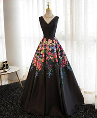 Evening Dresses Online Shopping, Black V Neck Floral Patterns Long Prom Dress, Black Evening Dress