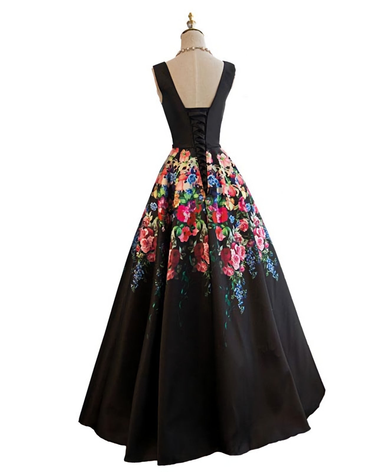 Evening Dresses Cheap, Black V Neck Floral Patterns Long Prom Dress, Black Evening Dress