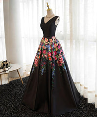 Evening Dresses Online, Black V Neck Floral Patterns Long Prom Dress, Black Evening Dress