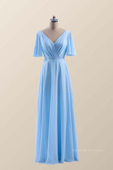 Couture Gown, Flare Sleeves Blue Chiffon A-line Long Bridesmaid Dress