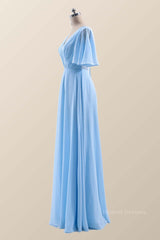Casual Gown, Flare Sleeves Blue Chiffon A-line Long Bridesmaid Dress