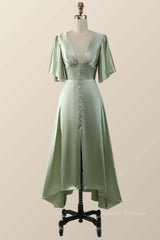 Prom Dresses For Skinny Body, Flare Sleeves Green Empire Midi Bridesmaid Dress