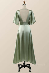 Prom Dress Floral, Flare Sleeves Green Empire Midi Bridesmaid Dress