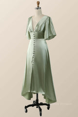 Prom Dresses Off Shoulder, Flare Sleeves Green Empire Midi Bridesmaid Dress