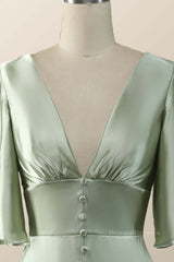 Prom Dress Off Shoulder, Flare Sleeves Green Empire Midi Bridesmaid Dress