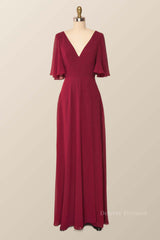 Evening Dress Green, Flare Sleeves Wine Red Chiffon Long Bridesmaid Dress