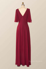 Evening Dress With Sleeve, Flare Sleeves Wine Red Chiffon Long Bridesmaid Dress