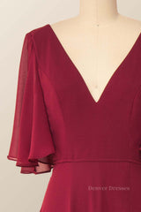 Evening Dress With Sleeves, Flare Sleeves Wine Red Chiffon Long Bridesmaid Dress
