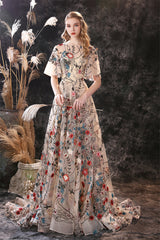 Homecoming Dress Idea, Floral Embroidery Long Tulle Short Sleeve Train Prom Dresses