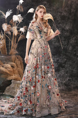 Homecoming Dresses 2042, Floral Embroidery Long Tulle Short Sleeve Train Prom Dresses