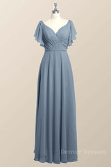 Prom Dresse Long, Flutter Sleeves Dusty Blue Chiffon A-line Long Bridesmaid Dress