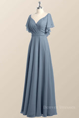 Prom Dressed Long, Flutter Sleeves Dusty Blue Chiffon A-line Long Bridesmaid Dress