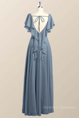 Prom Dresses Shop, Flutter Sleeves Dusty Blue Chiffon A-line Long Bridesmaid Dress