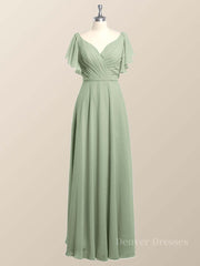 Prom Dresses Shopping, Flutter Sleeves Dusty Blue Chiffon A-line Long Bridesmaid Dress