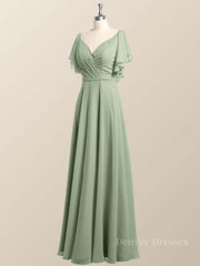 Party Dress Long, Flutter Sleeves Sage Green Chiffon A-line Long Bridesmaid Dress