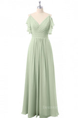 Homecoming Dresses Freshman, Flutter Sleeves Sage Green Pleated Long Bridesmaid Dress