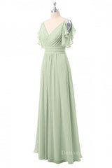 Homecoming Dresses Red, Flutter Sleeves Sage Green Pleated Long Bridesmaid Dress