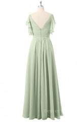 Homecoming Dress Classy, Flutter Sleeves Sage Green Pleated Long Bridesmaid Dress