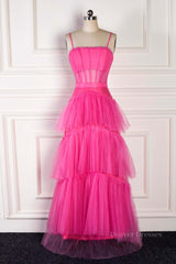 Party Dresses For Christmas Party, Fuchsia A-line Spaghetti Straps boning Sheer Long Prom Dress