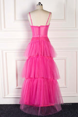 Party Dress Pink Dress, Fuchsia A-line Spaghetti Straps boning Sheer Long Prom Dress