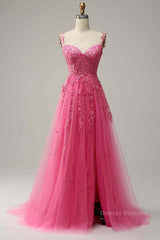 Spring Dress, Fuchsia Dark Navy A-line Spaghetti Straps Tulle Lace Boning Long Prom Dress